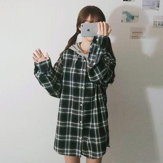 Long-sleeve Check Hooded Shirt