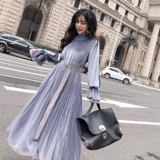 Long-sleeve Mock Neck Mesh-overlay Maxi A-line Velvet Dress