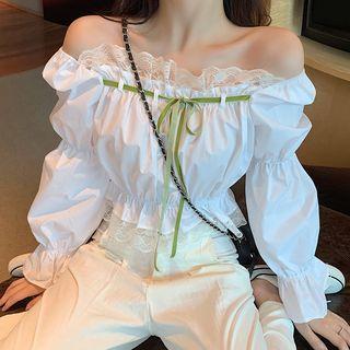 Off-shoulder Puff-sleeve Lace Blouse