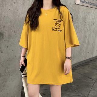 Smile Face Lettering Embroidered Short-sleeve T-shirt