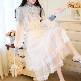 Patterned Blouse / Midi A-line Skirt / Set