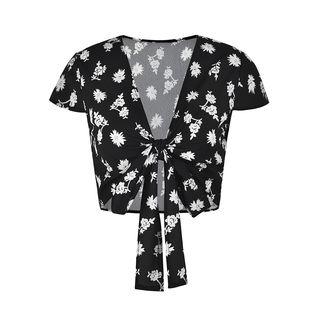 Flower Print Short-sleeve Tie-front Crop Top