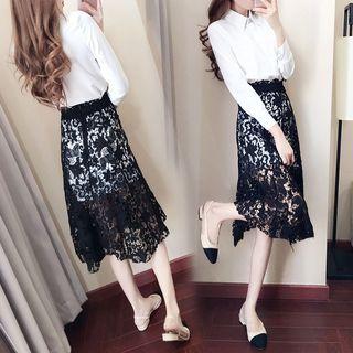 Set: Long-sleeve Shirt Dress + Lace Midi Skirt