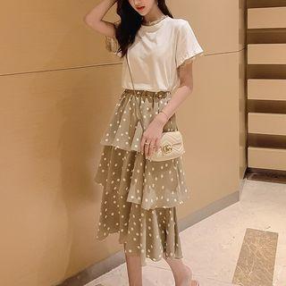 Set: Short-sleeve T-shirt + Dotted Tiered Midi Skirt