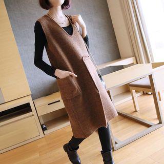 Plain V-neck Midi Knit Tank Dress