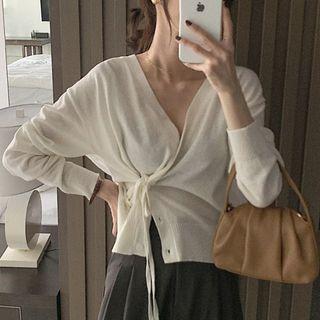 Long-sleeve Drawstring Plain Cardigan