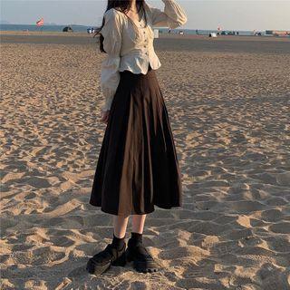 Long-sleeve Buttoned Blouse / A-line Midi Skirt