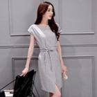 Short-sleeve Slit-front Plain Dress