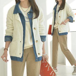 Denim Shirt Layered Knit Cardigan