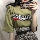 Lettering Elbow-sleeve T-shirt / Leopard A-line Skirt