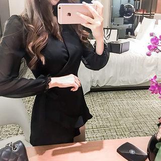 Sheer-sleeve Tie-waist Minidress