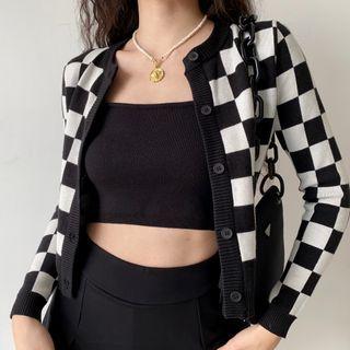 Set: Checkerboard Cardigan + Plain Cropped Camisole Top