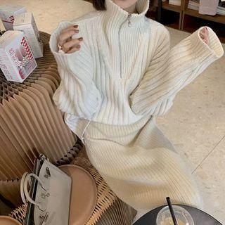 Half-zip High Neck Ribbed Knit Top