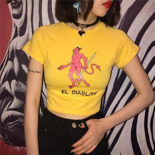 Evil Print Short-sleeve Cropped T-shirt