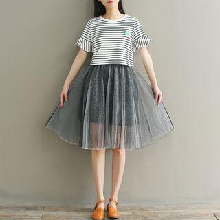 Set: Short-sleeve Top + Sheer Panel Strappy Dress