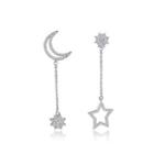 Simple Personality Star Moon Tassel Asymmetrical Earrings With Cubic Zirconia Silver - One Size