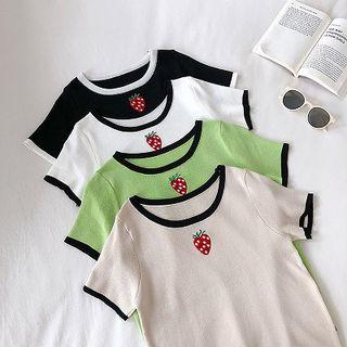 Strawberry Embroidered Color-block Crewneck Short-sleeve Knit Top