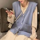 Floral Crewneck Chiffon Long-sleeve Dress / Plain V-neck Single-breasted Vest