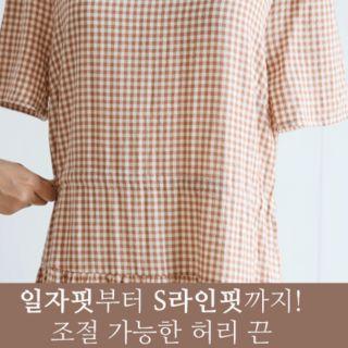 Drawstring-waist Long Gingham Dress