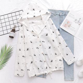 Hooded Leaf Print Zip Jacket