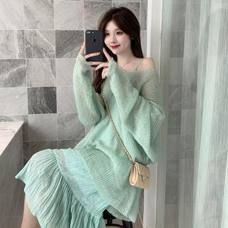 Sheer Sweater / Spaghetti Strap Midi A-line Dress