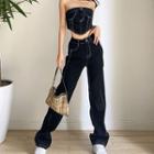Set: Contrast Stitching Cropped Tube Top + Wide-leg Pants