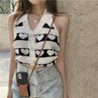 Collared Heart Print Single-breasted Sweater Vest White Love Heart - Black & White - One Size