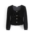 Long-sleeve Bow-accent Velvet Slim-fit Top