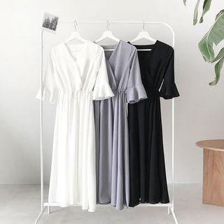 Chiffon Elbow-sleeve Midi A-line Dress