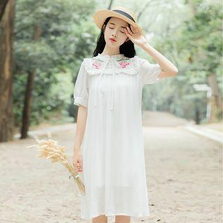 Cross Stitched Collar Short-sleeve Chiffon Dress