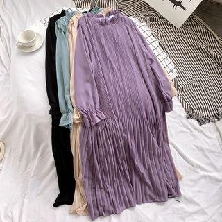 Long Sleeve Frilled Pleated Chiffon Dress