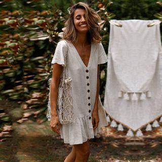 Button-up Short-sleeve Shift Dress
