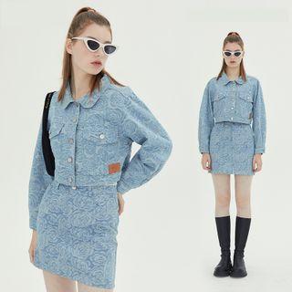 Set: Floral Denim Crop Jacket+ Skirt