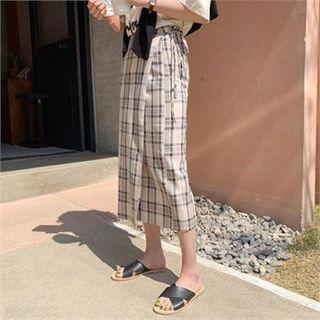 Wrap-front Checked Linen Blend Skirt Beige - One Size