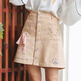 Cat Embroidered A-line Mini Skirt