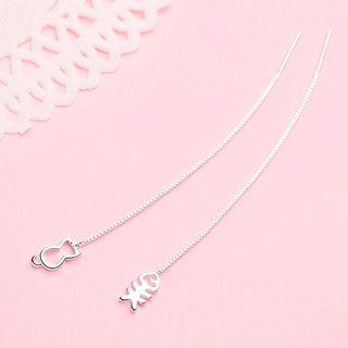 925 Sterling Silver Non-matching Cat & Fish Dangle Earring Silver - One Size