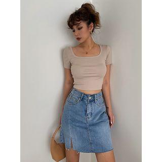 Frayed Side-slit Denim Mini Skirt