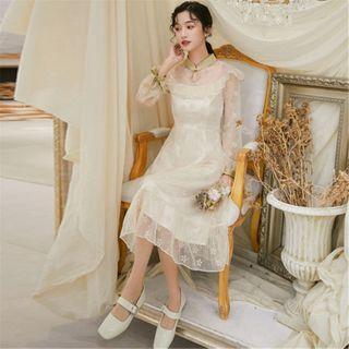 Mandarin Collar Ruffle Trim Midi A-line Dress