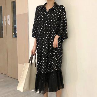 Polka Dot 3/4-sleeve Chiffon Shirtdress