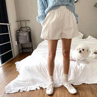 Slit-hem Seam-trim Faux Leather Shorts