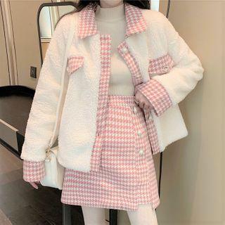 Single-breasted Fleece Jacket / Houndstooth Mini A-line Skirt