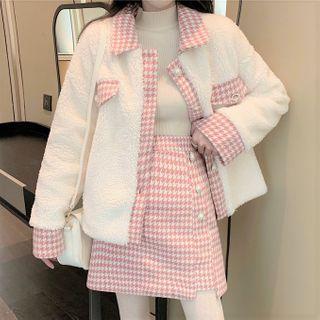 Single-breasted Fleece Jacket / Houndstooth Mini A-line Skirt