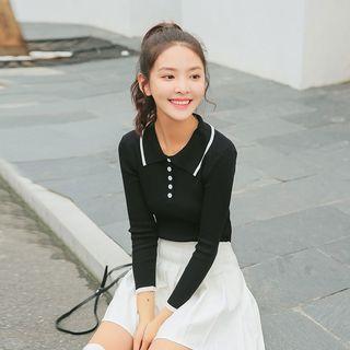Contrast Trim Polo Collar Long-sleeve Knit Top
