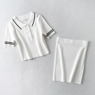 Set: Short-sleeve Polo-neck Knit Top + Mini Pencil Skirt