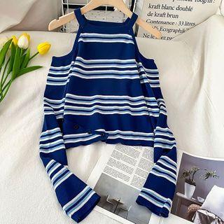 Long-sleeve Cold Shoulder Striped Knit Top Blue - One Size