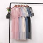Set: Slipdress + Lace Trim Short-sleeve Midi A-line Dress