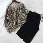 Set: V-neck Leopard Pattern Sweater + Back Slit Midi Knit Skirt Sweater - Khaki - One Size / Skirt - Black - One Size