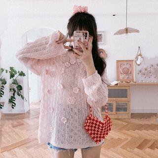 Embroidered Crocheted Knit Sweater Nude Pink - One Size