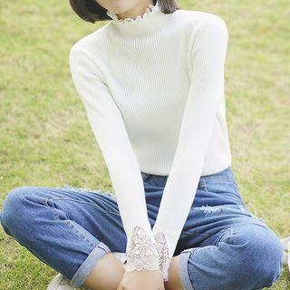 Lace-trim Mock Neck Rib-knit Pullover White - One Size