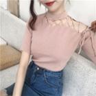 Short-sleeve Lace-up Slim-fit Knit Top